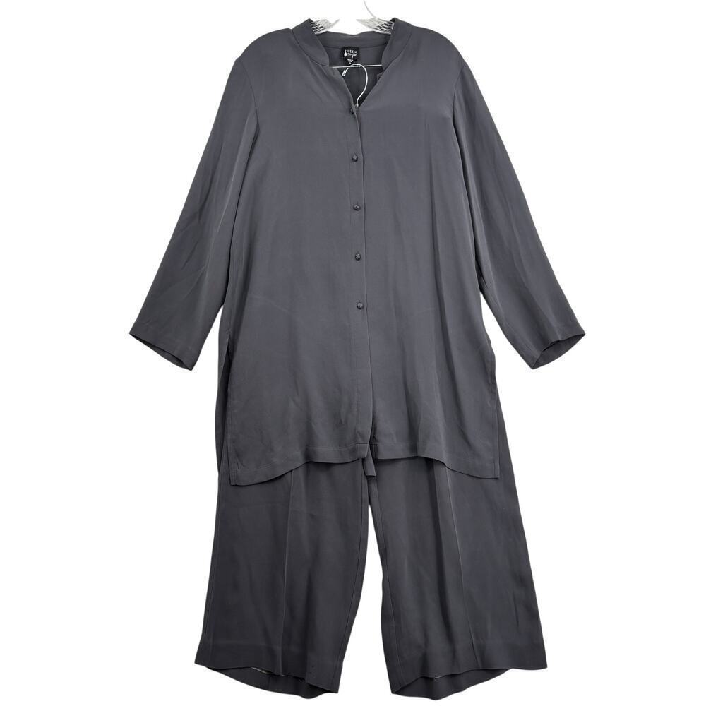 Eileen Fisher Silk Tunic Blouse‎ and Wide Leg Pant Set Womens Size S Gray